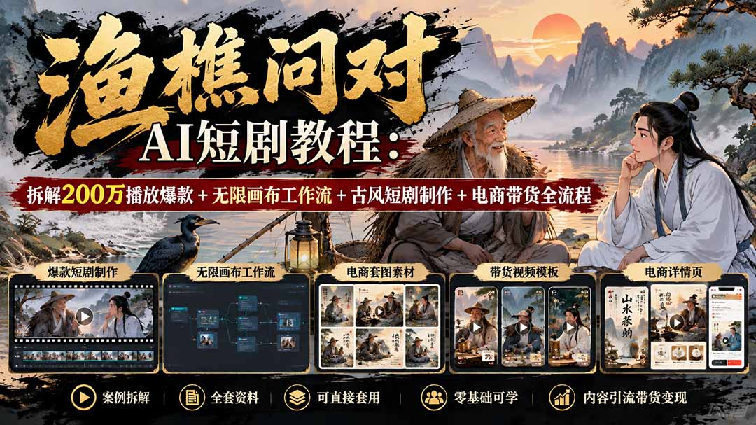 【无水印】渔樵问对AI短剧教程：拆解200万播放爆款+无限画布工作流+古风短剧制作+电商带货全流程-极客网创
