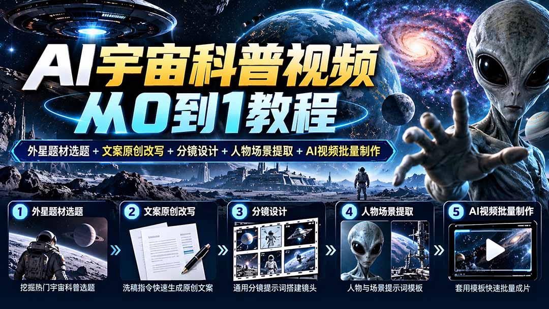 AI宇宙科普视频从0到1教程｜外星题材选题+文案原创改写+分镜设计+人物场景提取+AI视频批量制作-极客网创