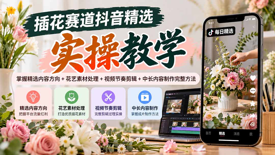 插花赛道抖音精选实操教学：掌握精选内容方向+花艺素材处理+视频节奏剪辑+中长内容制作完整方法-极客网创