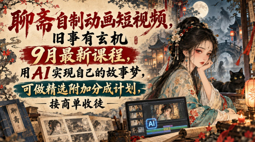 聊斋自制动画短视频，旧事有玄机9月最新课程，用AI实现自己的故事梦，可做精选附加分成计划，接商单收徒-极客网创