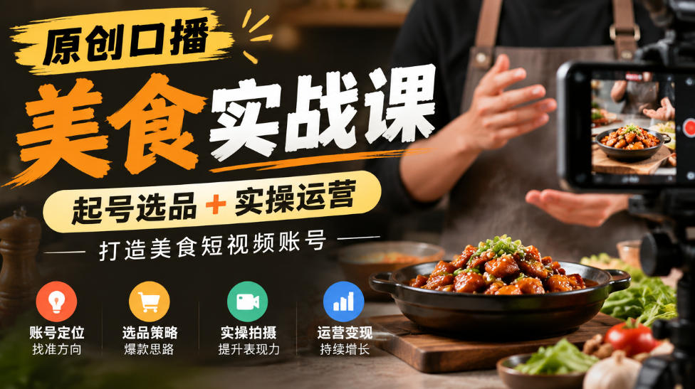 原创口播美食实战课，起号选品+实操运营，打造美食短视频账号-极客网创