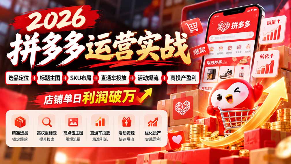 2026拼多多运营实战-更新1002：选品定位+标题主图+SKU布局+直通车投放+活动爆流+高投产盈利 店铺单日利润破万-极客网创