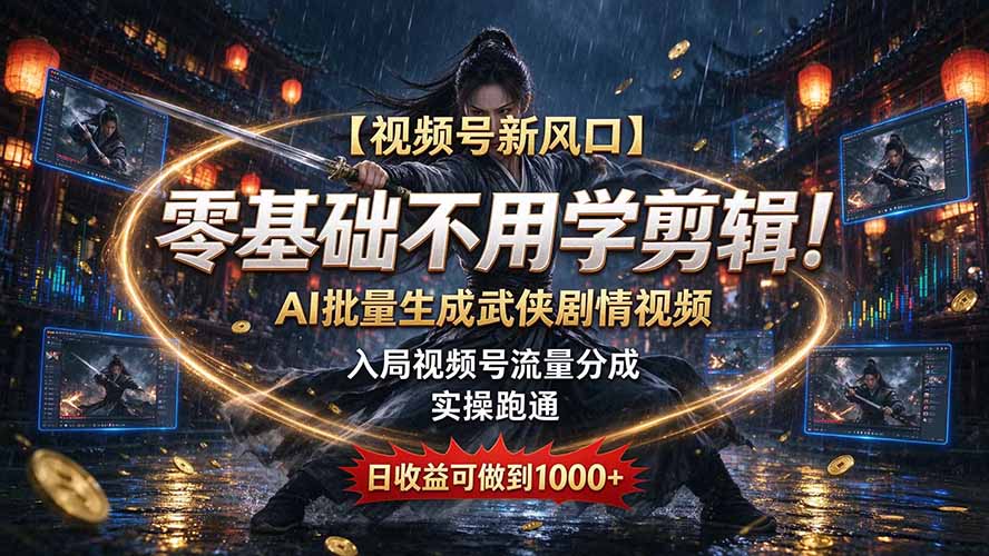 【视频号新风口】零基础不用学剪辑！AI 批量生成武侠剧情视频，入局视频号流量分成，实操跑通，日收益可做到 1000+-极客网创