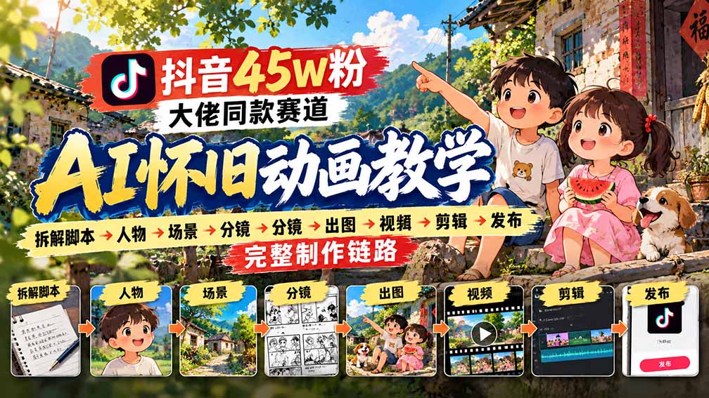 抖音45W粉大佬同款赛道AI怀旧动画教学：拆解脚本→人物→场景→分镜→出图→视频→剪辑→发布完整制作链路-极客网创