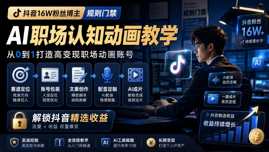 抖音16W粉丝博主规则门禁的AI职场认知动画教学，从赛道定位、账号包装，到文案创作、配音定制、AI成片，解锁抖音精选收益-极客网创
