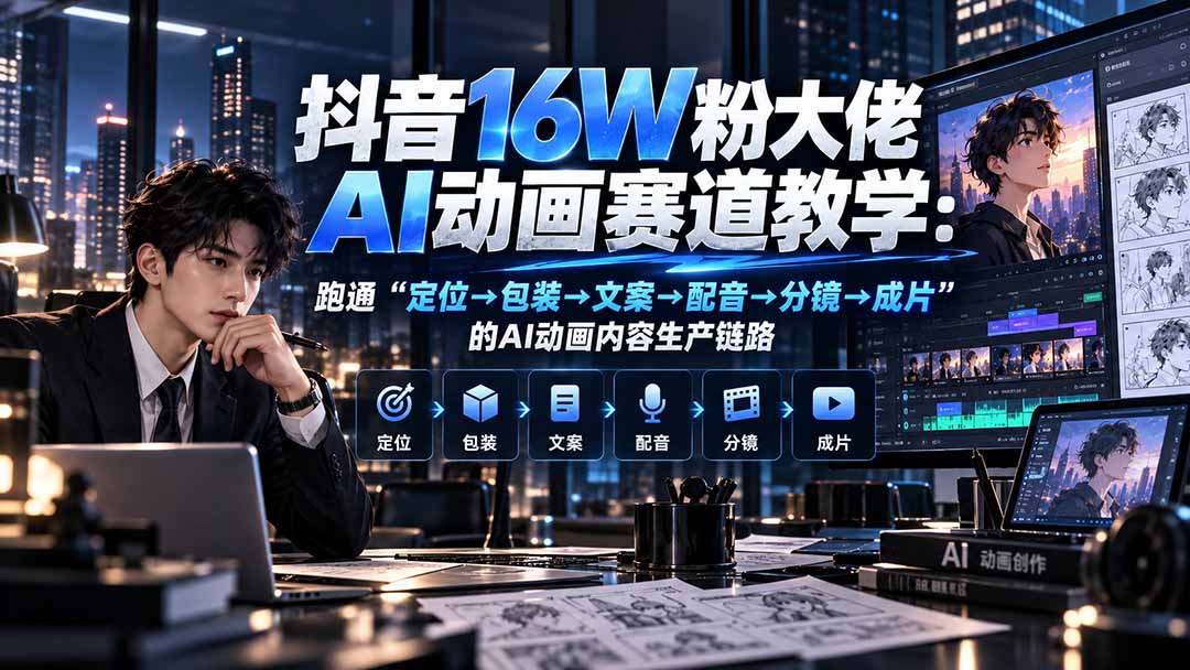 抖音16W粉大佬规则门禁AI动画赛道教学：跑通“定位→包装→文案→配音→分镜→成片”的AI动画内容生产链路-极客网创