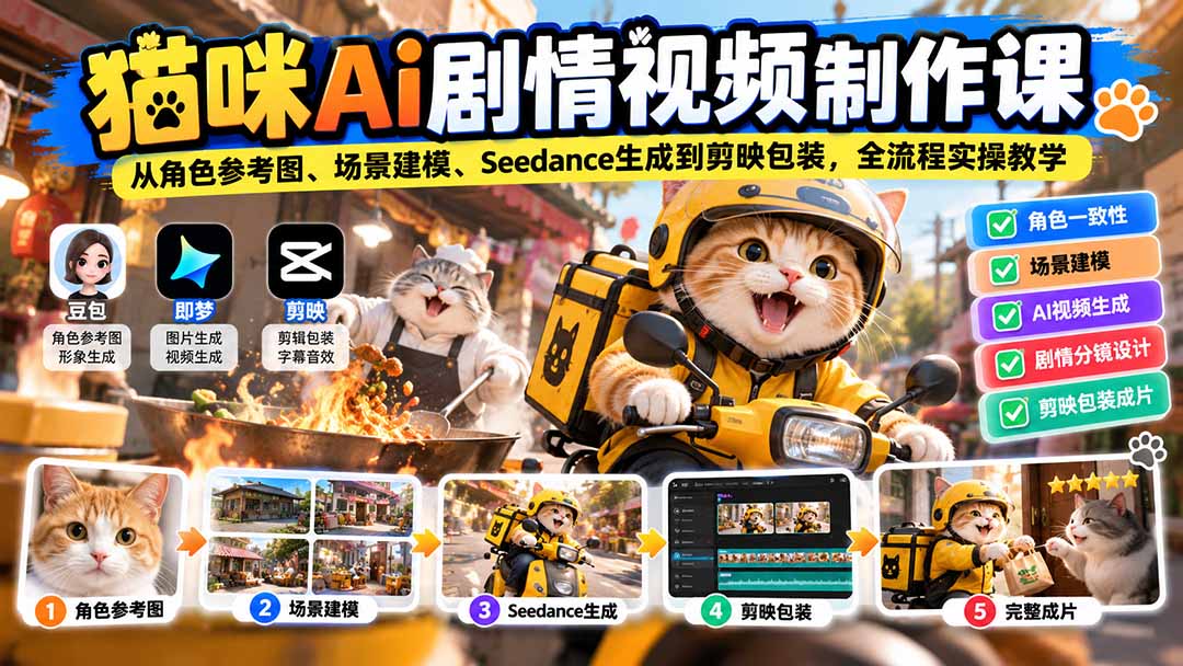 猫咪AI剧情视频制作课：从角色参考图、场景建模、Seedance生成到剪映包装，全流程实操教学-极客网创