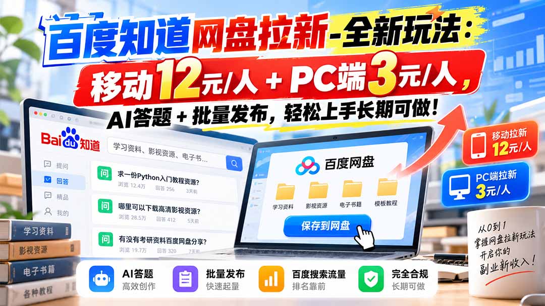 百度知道网盘拉新-全新玩法：移动12元/人+PC端3元/人，AI答题+批量发布，轻松上手长期可做！-极客网创