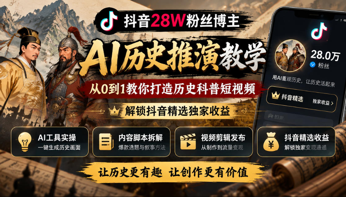 抖音28W粉丝博主的AI历史推演教学，从0到1教你打造历史科普短视频，解锁抖音精选独家收益-极客网创