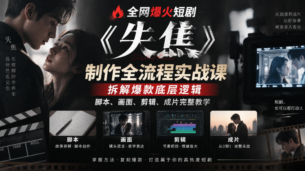 全网爆火短剧《失焦》制作全流程实战课｜拆解爆款底层逻辑，脚本、画面、剪辑、成片完整教学-极客网创