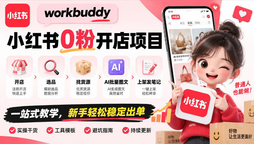 workbuddy小红书0粉开店项目，开店、选品、找货源、AI批量图文、上架发笔记一站式教学，新手轻松稳定出单-极客网创