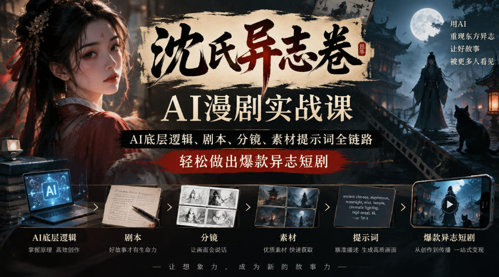 沈氏异志卷AI漫剧实战课｜AI底层逻辑、剧本、分镜、素材提示词全链路，轻松做出爆款异志短剧-极客网创