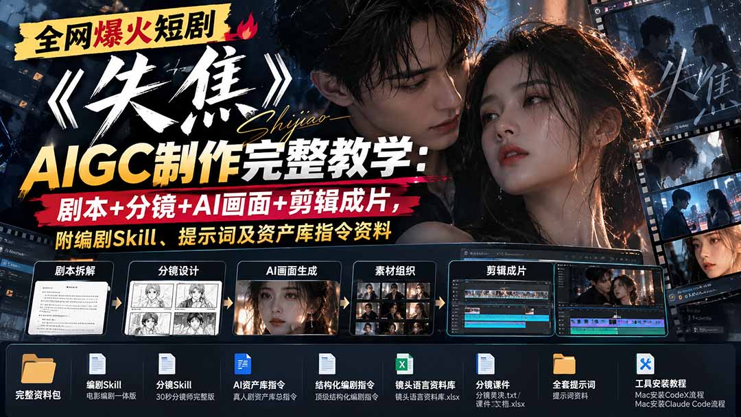 全网爆火短剧《失焦》AIGC制作完整教学：剧本+分镜+AI画面+剪辑成片，附编剧Skill、提示词及资产库指令资料-极客网创