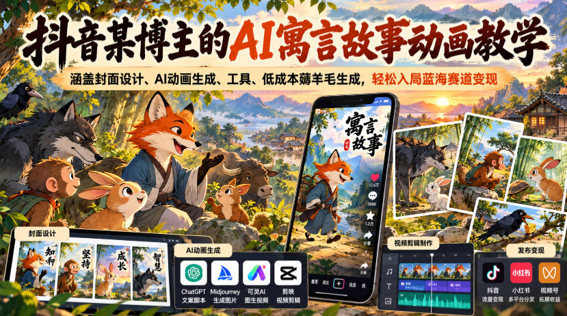 抖音某博主的AI寓言故事动画教学,涵盖封面设计、AI动画生成、工具、低成本薅羊毛生成,轻松入局蓝海赛道变现-极客网创