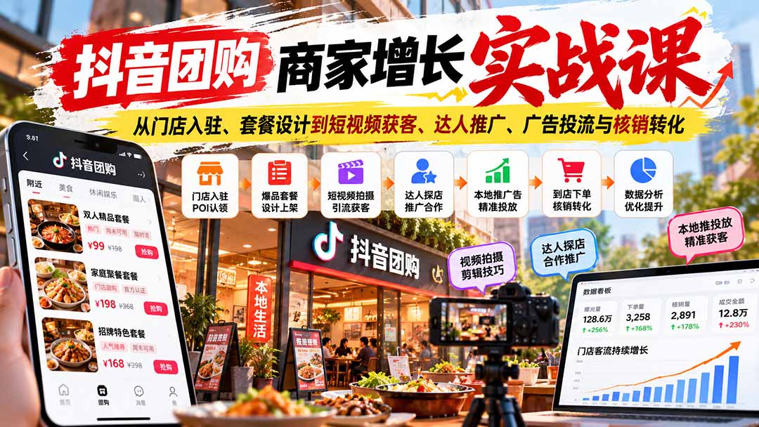 抖音团购商家增长实战课：从门店入驻、套餐设计到短视频获客、达人推广、广告投流与核销转化-极客网创