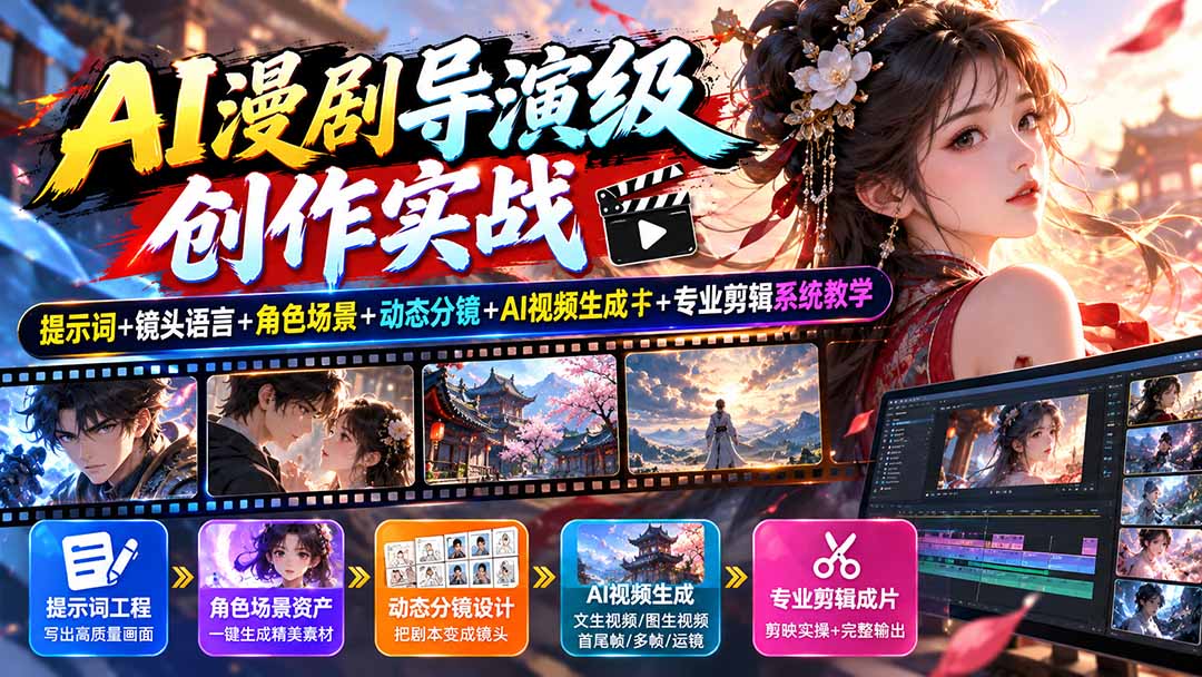 AI漫剧导演级创作实战：提示词+镜头语言+角色场景+动态分镜+AI视频生成+专业剪辑系统教学-极客网创