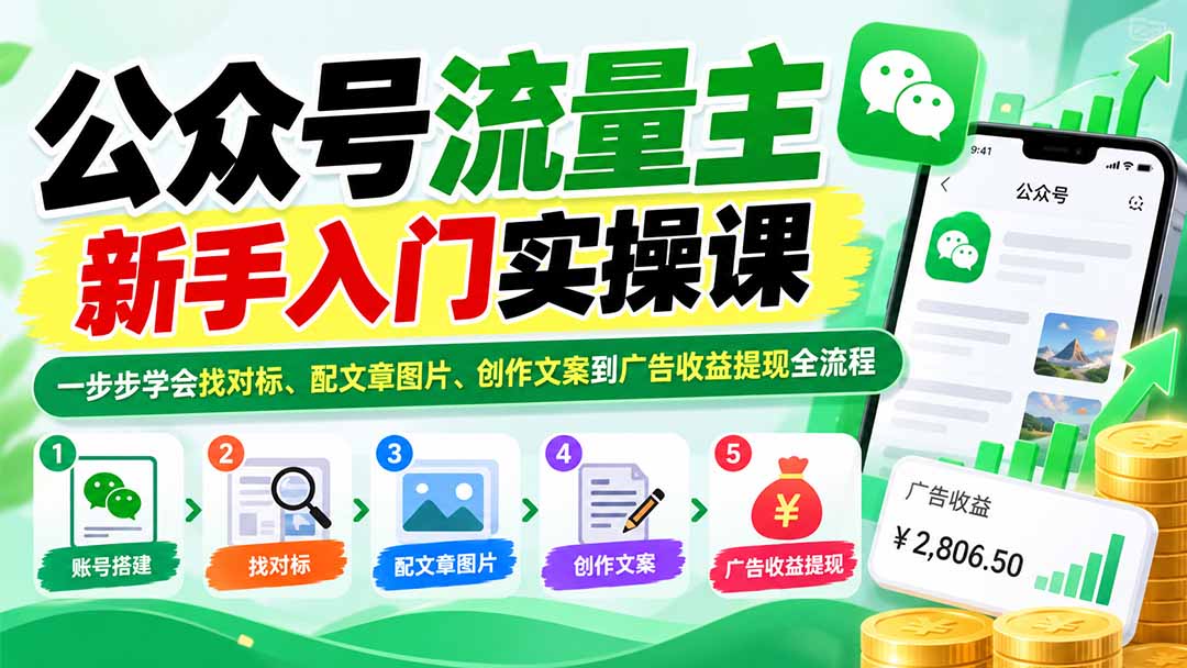 公众号流量主新手入门实操课：一步步学会找对标、配文章图片、创作文案到广告收益提现全流程-极客网创