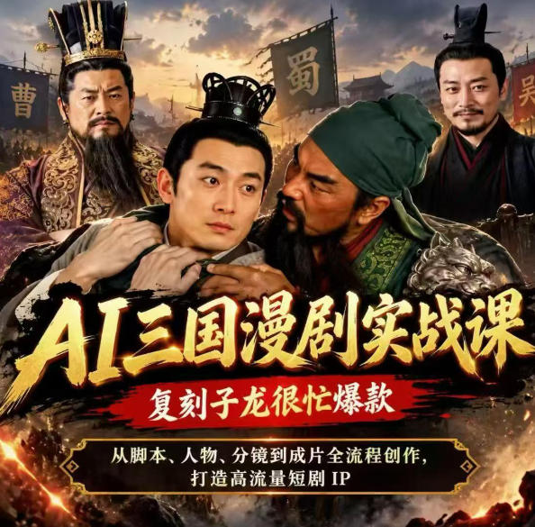 抖音14W粉博主同款AI三国漫剧实战课,复刻子龙很忙爆款,从脚本、人物、分镜到成片全流程创作,打造高流量短剧IP-极客网创