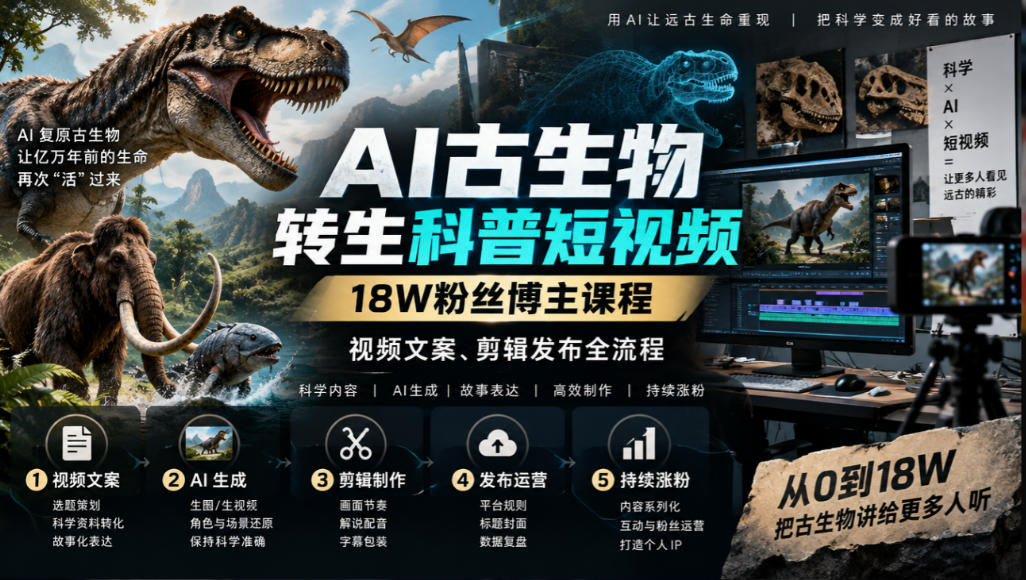 AI古生物转生科普短视频，18W粉丝博主课程，视频文案、剪辑发布全流程-极客网创