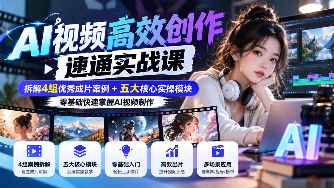 【无水印】AI视频高效创作速通实战课：拆解4组优秀成片案例+五大核心实操模块，零基础快速掌握AI视频制作-极客网创