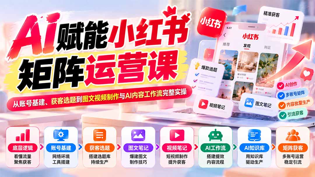 AI赋能小红书矩阵运营课：从账号基建、获客选题到图文视频制作与AI内容工作流完整实操-极客网创