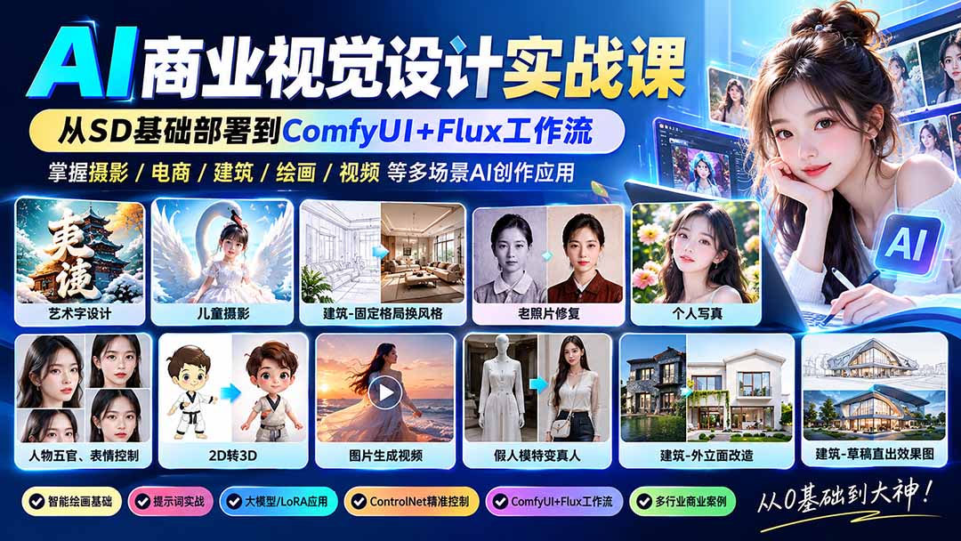 【无水印】AI商业视觉设计实战课：从SD基础部署到ComfyUI+Flux工作流，掌握摄影电商建筑AI创作-极客网创