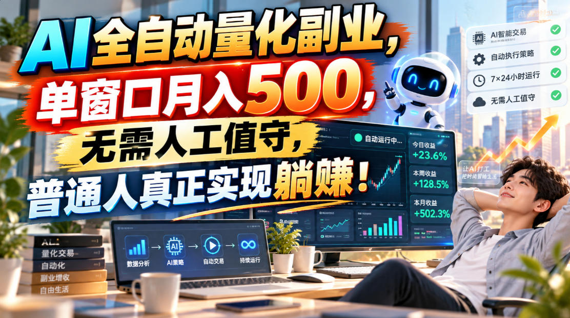 AI全自动量化副业，单窗口月入500，无需人工值守，普通人真正实现躺賺！-极客网创