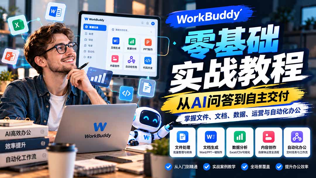 WorkBuddy零基础实战教程：从AI问答到自主交付，掌握文件、文档、数据、运营与自动化办公-极客网创