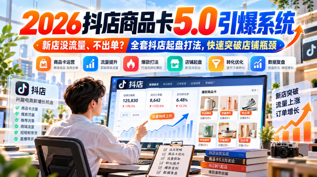 2026抖店商品卡5.0引爆店铺流量，新店没流量、不出单？全套抖店起盘打法，快速突破店铺瓶颈-极客网创