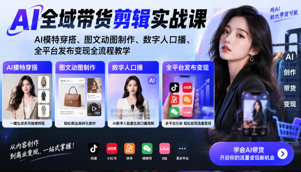 AI全域带货剪辑实战课｜AI模特穿搭、图文动图制作、数字人口播、全平台发布变现全流程教学-极客网创