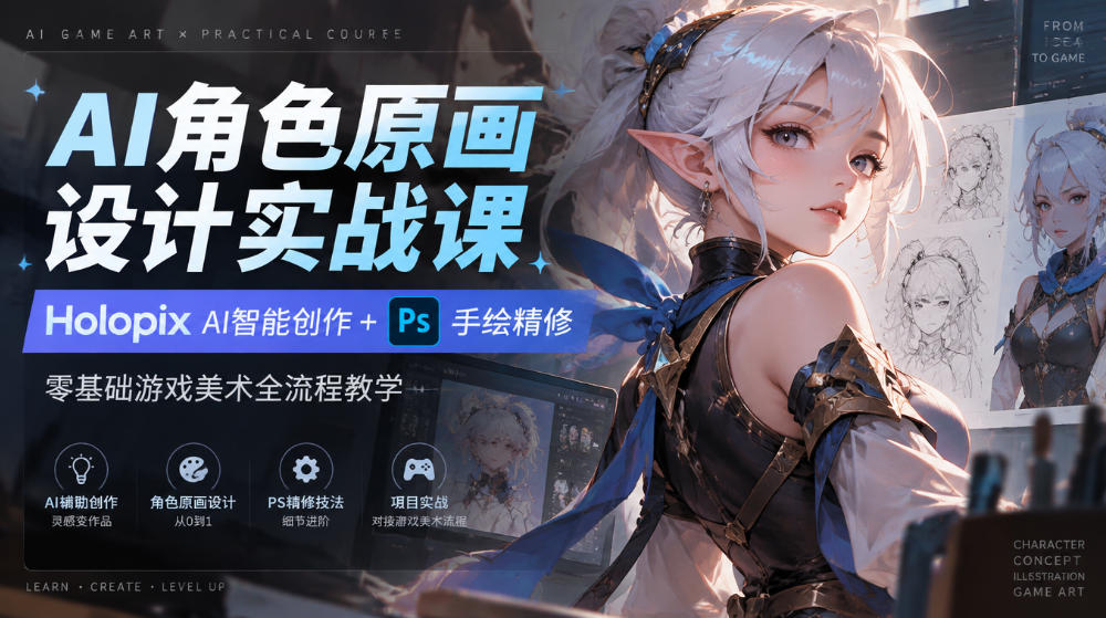 AI角色原画设计实战课|Holopix AI智能创作+PS手绘精修,零基础游戏美术全流程教学-极客网创