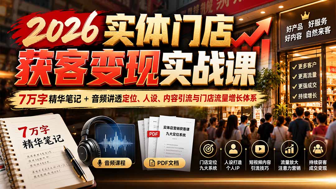 2026实体门店获客变现实战课：7万字精华笔记+音频讲透定位、人设、内容引流与门店流量增长体系-极客网创