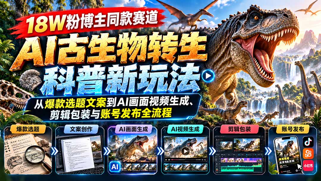 18W粉博主同款赛道-AI古生物转生科普新玩法:从爆款选题文案到AI画面视频生成、剪辑包装与账号发布全流程-极客网创