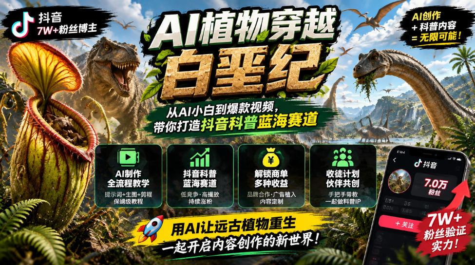 抖音7W粉丝博主的AI植物穿越白垩纪教学,抖音科普蓝海赛道,解锁商单收徒伙伴计划等多种收益-极客网创