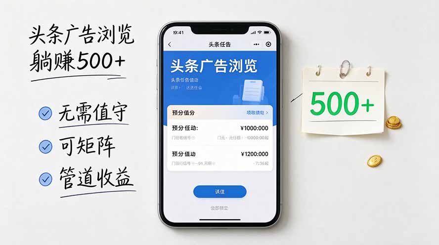 头条广告浏览躺赚500+无需值守,可矩阵并附有管道收益-极客网创