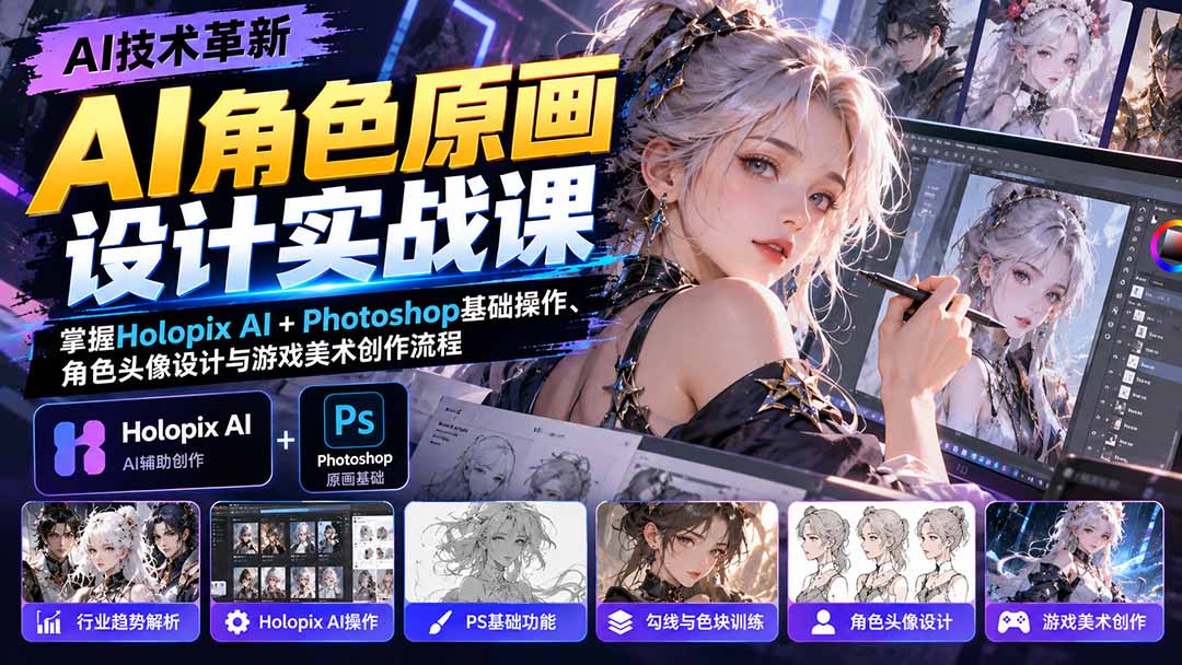 AI角色原画设计实战课:掌握Holopix AI+Photoshop基础操作、角色头像设计与游戏美术创作流程-极客网创