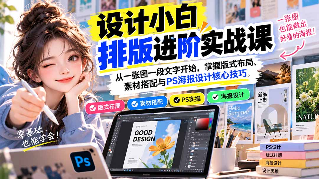 设计小白排版进阶实战课:从一张图一段文字开始,掌握版式布局、素材搭配与PS海报设计核心技巧-极客网创