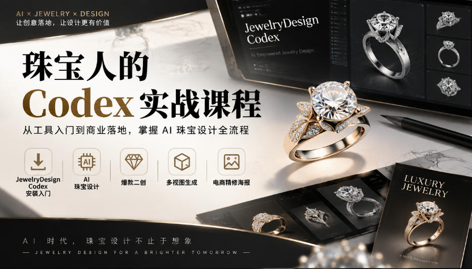 珠宝人的Codex实战课程|JewelryDesign Codex安装入门、AI珠宝设计、爆款二创、多视图生成、电商精修海报全链路教学-极客网创
