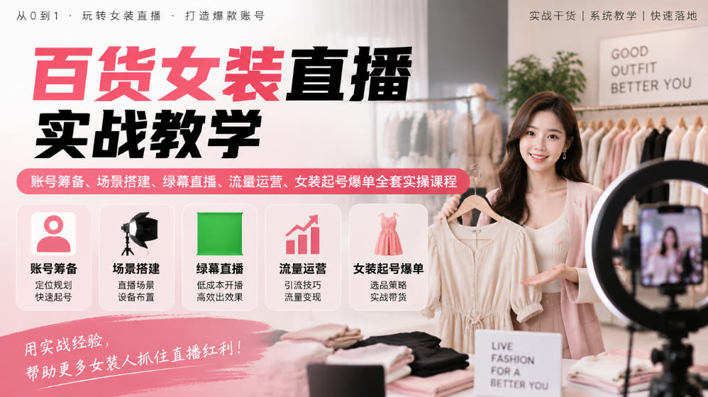 百货女装直播实战教学|账号筹备、场景搭建、绿幕直播、流量运营、女装起号爆单全套实操课程-极客网创