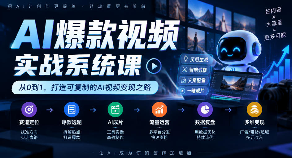 AI爆款视频实战系统课｜赛道定位、爆款选题、AI成片、流量运营、数据复盘、多维变现全链路教学-极客网创