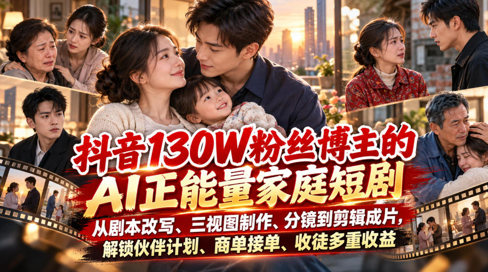 抖音130W粉丝博主的AI正能量家庭短剧，从剧本改写、三视图制作、分镜到剪辑成片，解锁伙伴计划、商单接单、收徒多重收益(更新1007)-极客网创