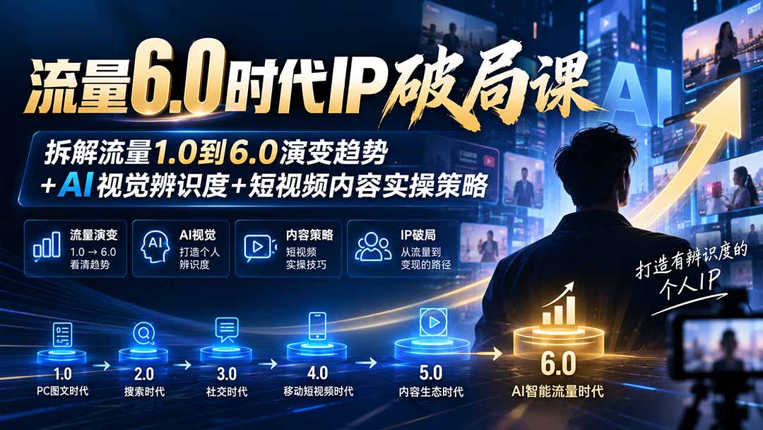 流量6.0时代IP破局课：拆解流量1.0到6.0演变趋势+AI视觉辨识度+短视频内容实操策略-极客网创