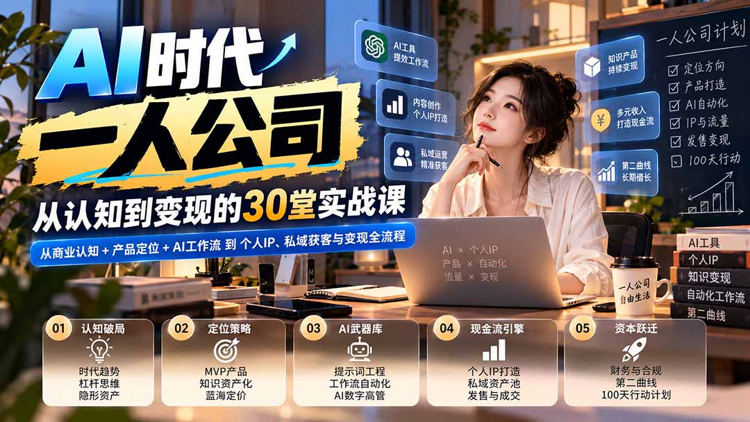 【无水印】AI时代一人公司30堂实战课：从商业认知+产品定位+AI工作流到个人IP、私域获客与变现全流程-极客网创
