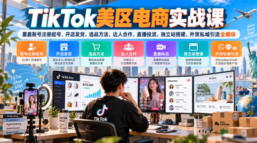 TikTok美区电商实战课，覆盖账号注册起号、开店发货、选品方法、达人合作、直播投流、独立站搭建、外贸私域引流全模块-极客网创