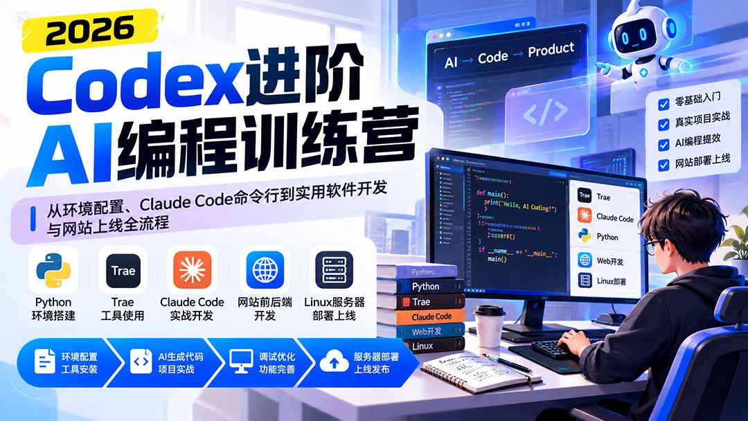 Codex进阶AI编程训练营：从环境配置、Claude Code命令行到实用软件开发与网站上线全流程-极客网创