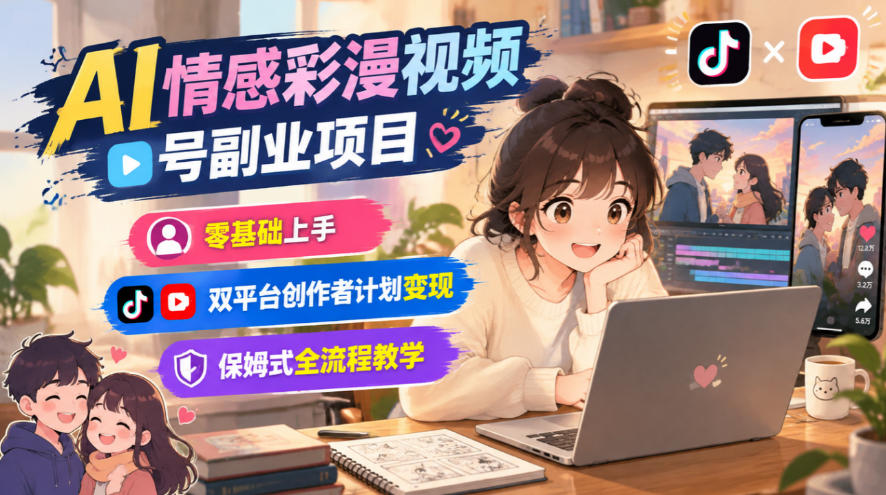 AI情感彩漫视频号副业项目，零基础上手，双平台创作者计划变现，保姆式全流程教学-极客网创