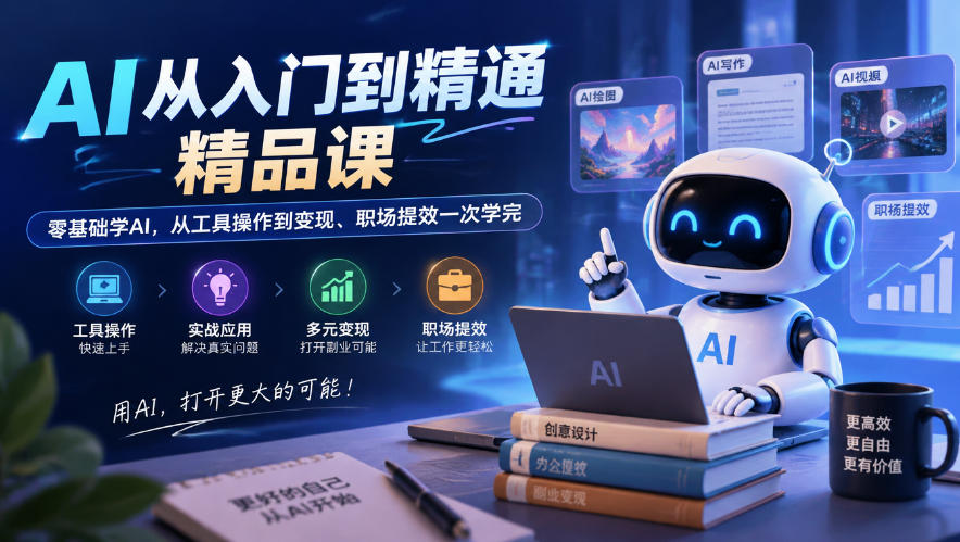 AI从入门到精通精品课，零基础学AI，从工具操作到变现、职场提效一次学完-极客网创