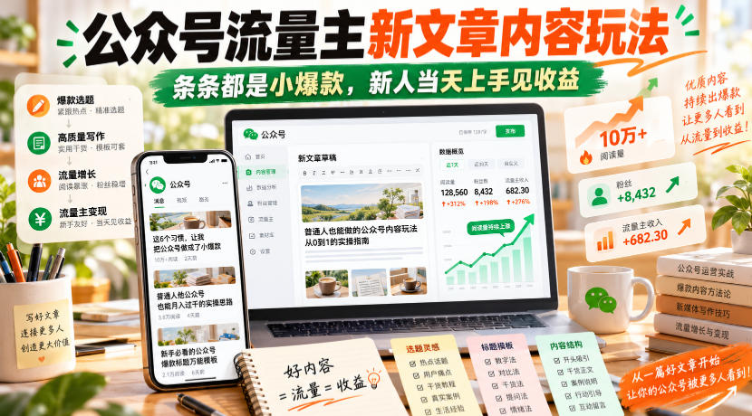 公众号流量主新文章内容玩法，条条都是小爆款，新人当天上手见收益-极客网创