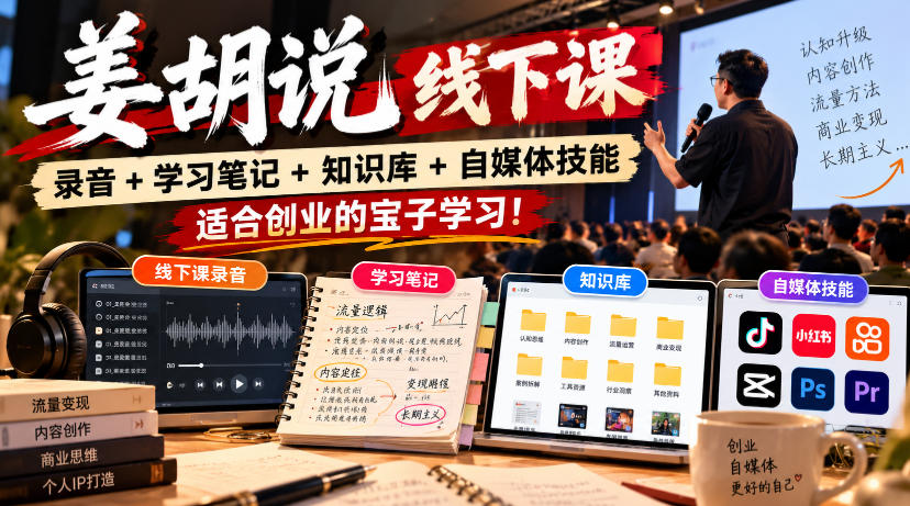 姜胡说线下课录音＋学习笔记＋知识库＋自媒体技能，​适合创业的宝子学习！-极客网创