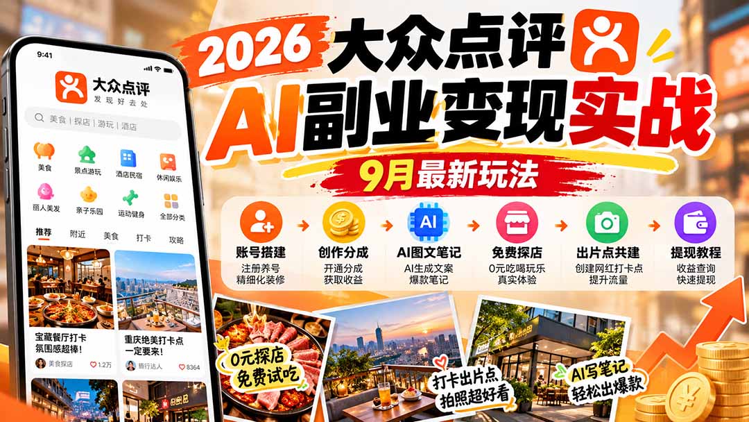 2026大众点评AI副业变现实战9月最新玩法：账号搭建+创作分成+AI图文笔记+免费探店+出片点共建与提现教程-极客网创